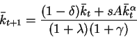\begin{displaymath}\bar{k}_{t+1}=\frac{(1-\delta)\bar{k}_t+sA\bar{k}_t^\alpha}
{(1+\lambda)(1+\gamma)}\end{displaymath}