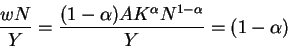 \begin{displaymath}\frac{wN}{Y} =\frac{(1-\alpha) AK^\alpha N^{1-\alpha}}{Y} = (1-\alpha) \end{displaymath}