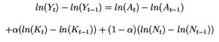 $\begin{array}{c}
ln(Y_t) -ln(Y_{t-1}) = ln(A_t)-ln(A_{t-1}) \\ \\
+ \alpha (ln(K_t)-ln(K_{t-1}) ) + (1-\alpha) (ln(N_t)-ln(N_{t-1}))
\end{array}$