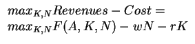 $\begin{array}{l}
max_{K,N} Revenues-Cost =\\
max_{K,N} F(A,K,N)-wN-rK \end{array}$