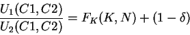 \begin{displaymath}\frac{U_1(C1,C2)}{U_2(C1,C2)}=F_K(K,N)+ (1-\delta) \end{displaymath}