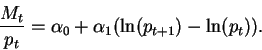 \begin{displaymath}\frac{M_t}{p_t}=\alpha_0+\alpha_1(\ln(p_{t+1})-\ln(p_t)).\end{displaymath}