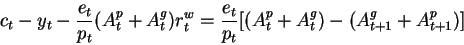 \begin{displaymath}c_t-y_t-\frac{e_t}{p_t}(A^p_t+A^g_t) r^w_t=\frac{e_t}{p_t}[(A^p_t+A^g_t) -(A^g_{t+1}+A^p_{t+1})]\end{displaymath}