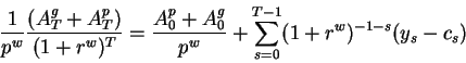 \begin{displaymath}\frac1{p^w}\frac{(A^g_{T}+A^p_{T})}{(1+r^w)^T} =\frac{A^p_0+A^g_0}{p^w}+
\sum_{s=0}^{T-1}(1+r^w)^{-1-s}(y_s-c_s)\end{displaymath}