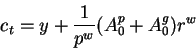 \begin{displaymath}c_t=y+\frac1{p^w} (A^p_0+A^g_0) r^w\end{displaymath}