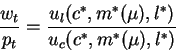 \begin{displaymath}\frac{w_t}{p_t}=\frac{u_l(c^*,m^*(\mu),l^*)}{u_c(c^*,m^*(\mu),l^*)}\end{displaymath}