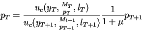 \begin{displaymath}p_T=\frac{u_c(y_T,\frac{M_T}{p_T},l_T)}{u_c(y_{T+1},\frac{M_{t+1}}{p_{T+1}},l_{T+1})}
\frac1{1+\mu}p_{T+1}\end{displaymath}