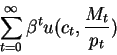 \begin{displaymath}\sum_{t=0}^\infty \beta^t u(c_t,\frac{M_t}{p_t})\end{displaymath}