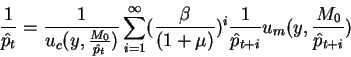 \begin{displaymath}\frac{1}{\hat{p}_t}=
\frac{1}{u_c(y,\frac{M_0}{\hat{p}_t})}...
...})^i
\frac{1}{\hat{p}_{t+i}} u_m(y,\frac{M_0}{\hat{p}_{t+i}})\end{displaymath}